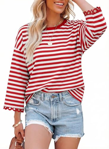 Dokotoo Womens Summer Fashion 2026 Oversized Sweatshirts Long Sleeve Round Neck Sweatshirt for Women Cozy Soft Striped Pullover Tops Casual Cute Trendy Outfits Clothes Red X-Large