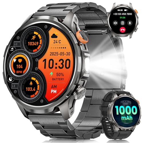 Smartwatch Herren Militär mit 1000mAh Akku, 1,91' AMOLED Armbanduhr, LED Taschenlampe/5ATM Wasserdicht Fitnessuhr mit Telefonfunktion 110+...