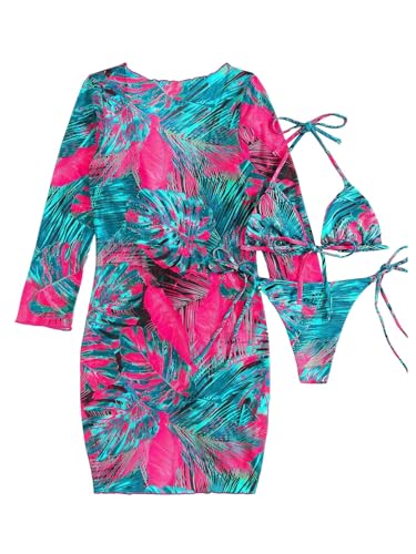 OYOANGLE Women's 3 Piece Swimsuit Floral Print Halter Bikini Set Bathing Suit with Beach Cover Ups4