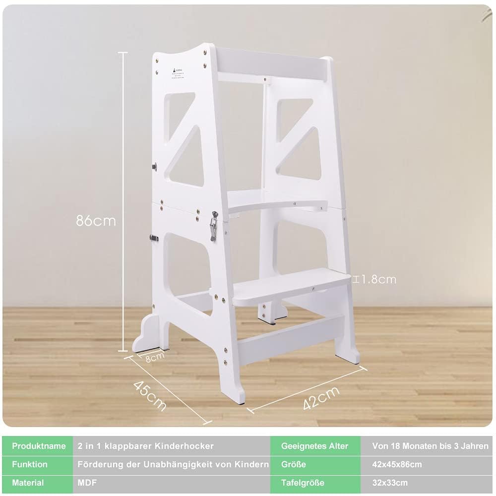 2in1 Lernturm Kinder Tritthocker Lernstuhl Kinderhocker Faltbarer Kinderschemel für Baby,mit doppelseitiger magnetischer Tafel,Umweltschutz,Küchen-/Badezimmerhelfer (Weiß)