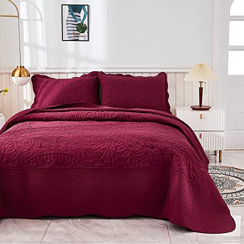 MarCielo 3-Piece 100% Cotton Oversized Bedspread Lightweight Quilt Coverlet Embroidery Farmhouse Bedding Set T0 (Wine Burgundy, Oversized King (118"x106"))