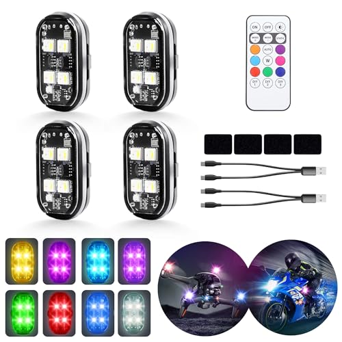 4-LED Wireless LED Strobe Lights with Remote Control, 4PCS High Brightness Wireless led Light 8 Color Waterproof Anti-Collision Warning Lights for Car Motorcycle Drone Truck Bike