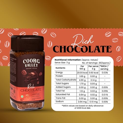 Image of Coorg Valley Rich Chocolate Instant Coffee 100g | Chocolate Flavoured Coffee | Premium Blend of Robusta & Arabica | Freeze Dried | Bold & Strong Flavor