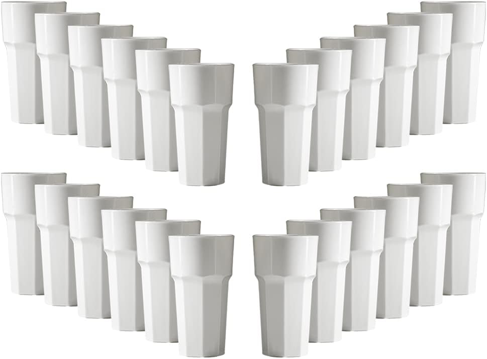 Set of Unbreakable Reusable Polycarbonate Plastic White Octagon Shaped 12 OZ Tumblers. (330ml/ 12oz to Rim Height 14.4cm, Max Diameter 7.9cm) Realistic Alternative to Real Glass (24)