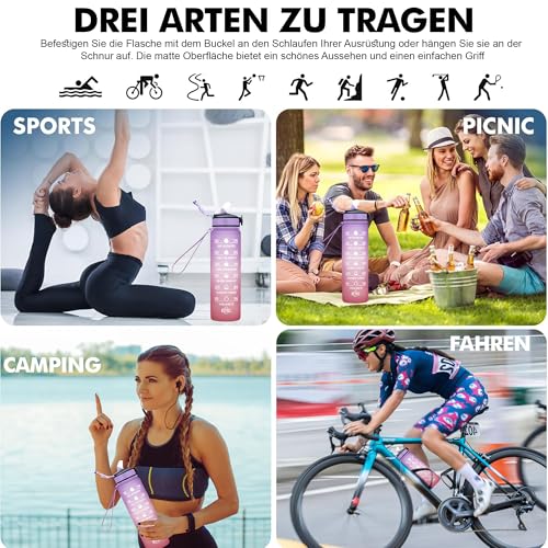 2 Stück Trinkflasche 1L, BPA-Frei Tritan Wasserflasche mit Strohhalm, Sport water bottle mit Zeitmarkierung für Fitness, Schule, Yoga, Outdoor (2 Stück Weiß-Schwarz, Lila Hellorange) – Bild 5