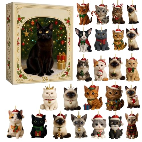 Adventskalender 2025, Katzenliebhaber Geschenke Für Katzenfreunde, 2D Acryl Weihnachtsbaum Anhänger Mit 24 Verschiedenen Katzenrassen Als...