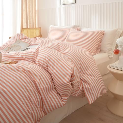 Image of Full Comforter Set Pink White Stripes Pattern Comforter Full Modern Style Striped Comforter with 2 Pillowcases Lightweight 3 Pieces Boho Bedding Comforter Farmhouse Striped Fluffy Comforter Set