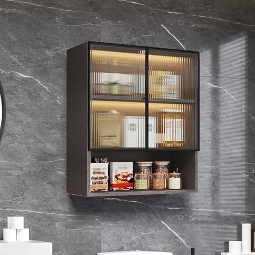 Botiquín con tablero, soporte de pared para baño con puertas de cristal y luz LED, armario de almacenamiento colgante, ideal para uso sobre el inodoro en baños o cocinas