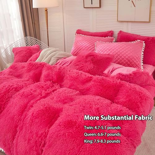Image of LIFEREVO Luxury Plush Shaggy Duvet Cover Set, Soft Velvet Fluffy Duvet Cover Furry Bedding Comforter Set(1 Faux Fur Fuzzy Duvet Cover + 1 Pompoms Pillow Case), Zipper Closure(Twin /Twin XL, Hot Pink)