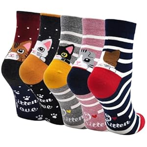 ZFSOCK Calcetines Divertidos Mujer Algodón: Patrón de Animados Animal Fantasía Tobilleros Cortos Coloridos Clásico Dibujos Perro Gato Navidad Año Nuevo Cumpleaños 5 Pares EU 35-42