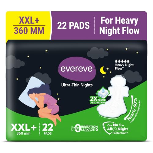 Image of Evereve Ultra-Thin Nights Sanitary Pads for Women, XXL+ 360mm, 22 Pads, 60% Longer & Wider Back, Soft & Breathable, Rash-Free Comfort, 2X Faster Absorption, Dry Feel Protection, Heavy Flow Night Use