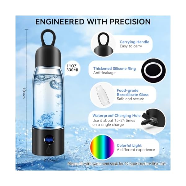 Hydrogen Water Bottle,Portable Hydrogen Water Bottle Generator with Three Modes Produces 5000 PPB of Hydrogen Water in 8 Minutes,Aluminium and Glass,with Light,Rechargeable for Travelling,Office - Image 3