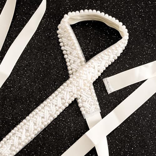 Faux Pearl Wedding Bridal Ribbon Belts, Pearl Beaded Sparkle Sewn Accessories Dress Matching, 2.7 meters4