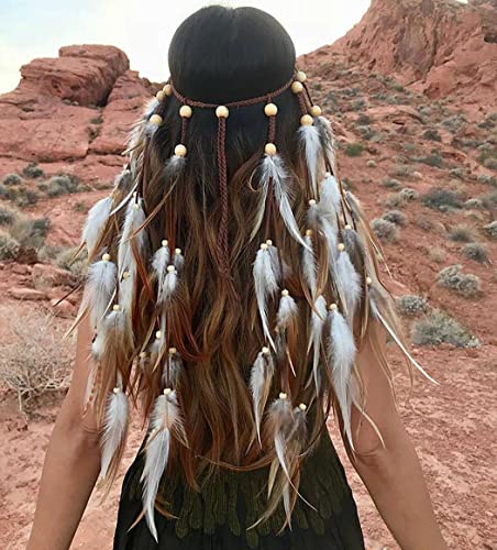 Zoestar Diadema de plumas bohemias, estilo vintage, estilo hippie, cadena de cabeza india, festival, joyería para el cabello, accesorios tribales para mujeres y niñas