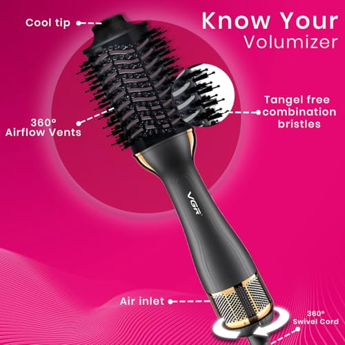 Image of VGR V-492 Professional Hot Air Brush with DC Motor, Ceramic Coating, Rotating Curler, 3 Temperature Settings, Fast Drying & Curling, Ideal for Women & Salon Use (1000W, Black)