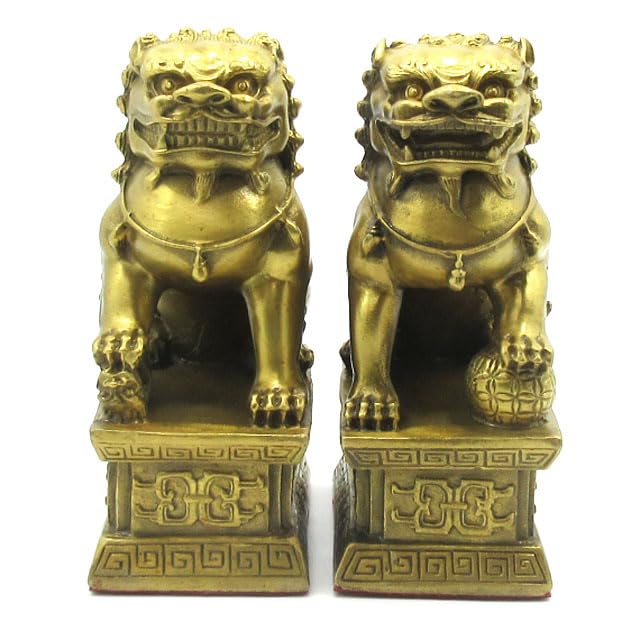 獅子 置物 風水 赤目の獅子 中サイズ 高さ約11cm 銅製 金色