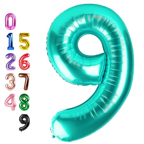 Image of Number Balloons Teal Blue 9 Balloon 40 inch for 9 Birthday Party Decoration | Saturated Color, Large 40 in, With Inflation Straw & Hanging Hole, Great for Men's Party, Back-To-School Season, Pool Party