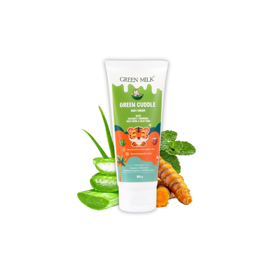 Green Milk Green Cuddle Baby Cream | Gentle Nappy Care Cream with Turmeric, Tulsi, Aloe Vera & Vetiver | Helps Protect Sensitive Baby Skin | Lightweight & Non-Sticky | From 3+ Months | No Parabens or Mineral Oil | 100 g-image-16