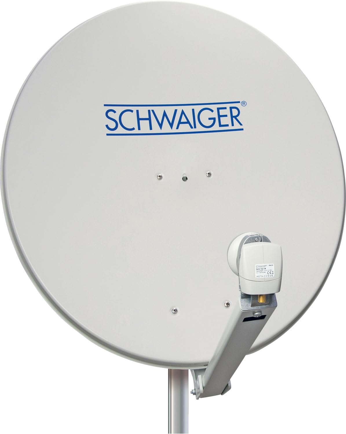 SCHWAIGER Antena parabólica I Ø 80 cm de aluminio Offset Antena en gris claro I Multifeed adecuado & resistente a la intemperie I Cuenco de satélite con brazo LNB y soporte de mástil I Potencia de