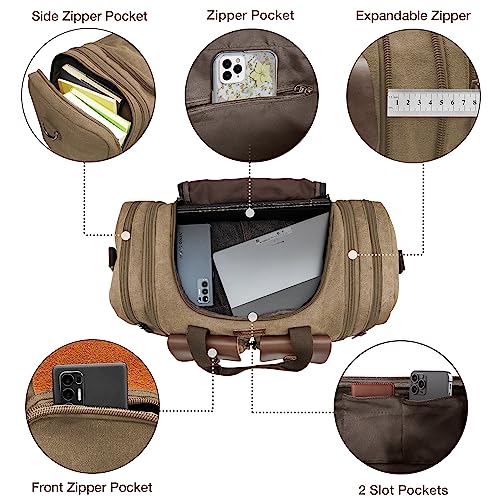 Image of Wildroad 60L Travel Duffel Bag, Expandable Canvas Genuine Leather Duffle Bag Upgraded Overnight Weekender Bag Carry on Bag (Coffee, X Large-60L)