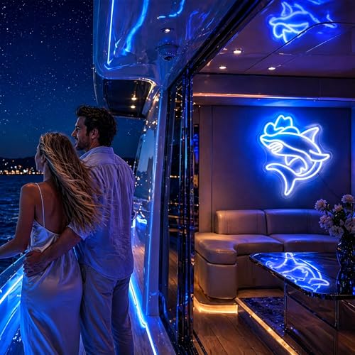 Image of Neon Sign, Shark Neon Signs for Wall Decor LED Signs Neon Light | Cowboy Shark Neon Sign for Bedroom, Kids Room, Gaming Room, Man Cave, Party, Bar Decor, Boys Gift, Dimmable, USB Powered