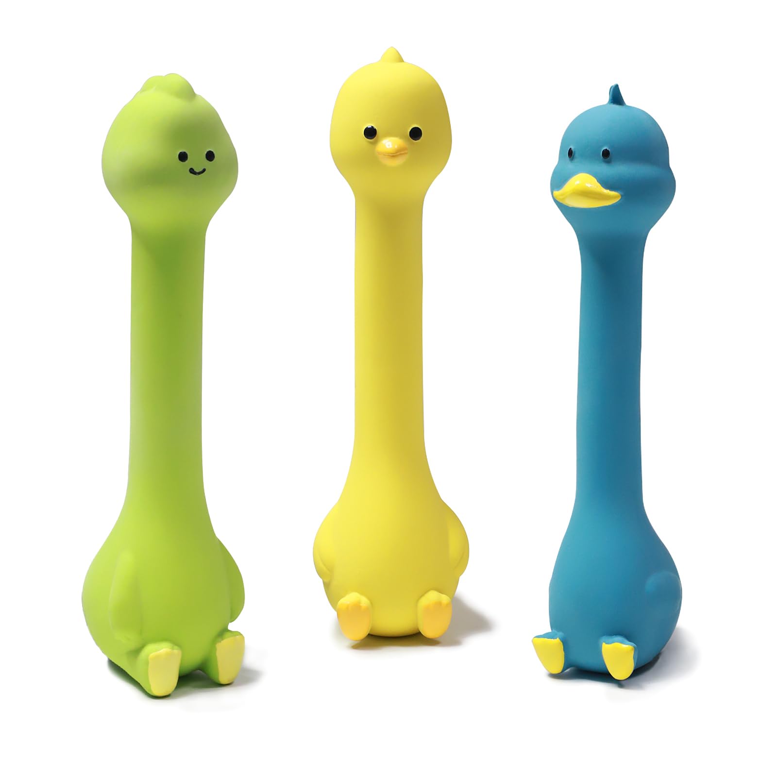 TONGKTAI Squeaky Dog Toys, Interactive Latex Puppies Toy with Quack Whistle, [3 Pack] Funny Toys Soft Rubber Chicken Duck for Small Medium Dogs (Green Dinosaur + Yellow Chicken + Blue Duck)