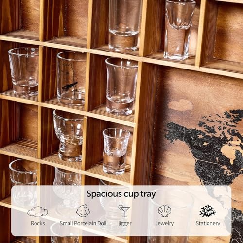 Tristcily Vitrina grande de vidrio de chupito con mapa del mundo, 60 ranuras, 34 x 26 pulgadas, gabinete de exhibición de vidrio de chupito de madera rústica para 2 tamaños, en habitaciones, bares - imagen 3