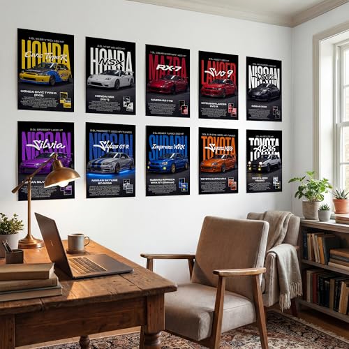 Image of SoulAbiti 10 Pcs JDM Car Posters for Boys Room & Garage - Iconic Supercars Wall Art (Supra MK4, GTR R34, RX7) - Automotive Decor with Engine Specs (Peel & Stick, 370 GSM) (A4 (8.3x11.7 Inch))