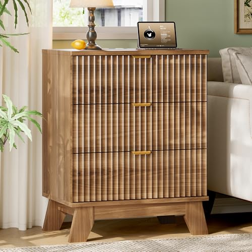 Image of Xixini Fluted Nightstand with Charging Station, Tall Bedside Table, Walnut