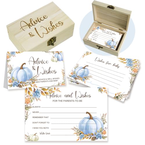 Hanroey 50Pcs Fall Blue Pumpkin Baby Shower Advice Cards for Baby Shower Games, Pumpkin Advice and Wish Cards Box for New Parents Baby Shower Decorations Girl (Blue)