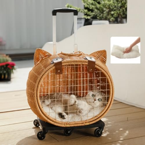 GRSMIS ペット用旅行用トロリーケース 籐製ペットキャリー リュック ペットキャリー キャスター付き 猫 猫用 キャリー カート 犬 小型犬 ペットキャリーケース 折り畳み 取り外し可能な車輪 ドライブ 旅行 通院 防災 (ブラウン)