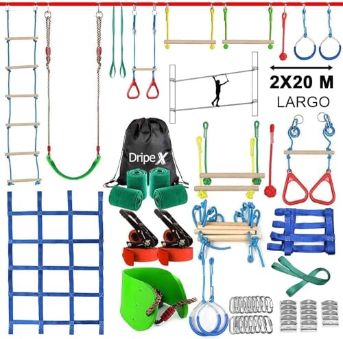 Dripex Ninja Slackline Kit de 2 x 20 m/65 Pies, Ninja Warrior para Niños Carrera de obstáculos, Entrenamiento de Slackline con Accesorios Completos para niños