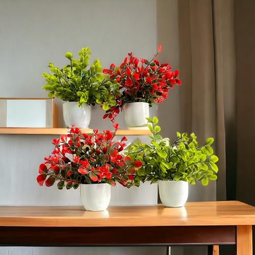 Litleo Plastic Mini Green Plant With Pot Small Greenery Decor For Indoor Home Farmhouse Aesthetic Bedroom Shelf Office Desk Bathroom Decoration (Red Green Pack Of 4), Artificial Plant