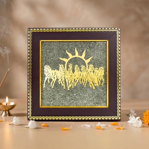 Image of Astrotalk 7 Horses on Raw Pyrite Frame | Seven Horses Wall Decor Pyrite Stone Frame for Success & Fame | Vastu Items for Money Attraction | Wall Decor | Ideal Gift | 7.5x7.5 Inch | 1 Piece