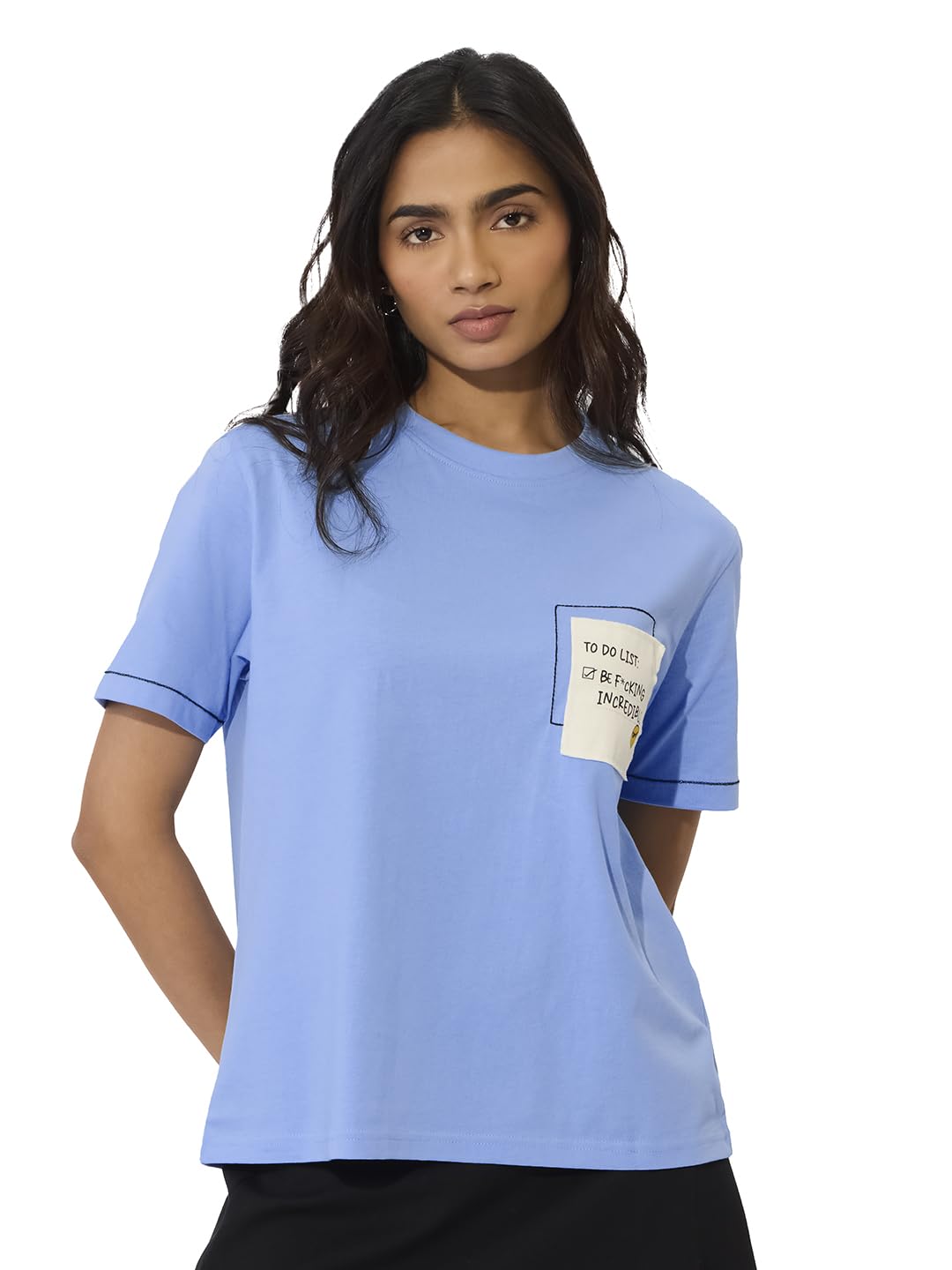The Souled Store To Do List - Camiseta de manga corta para mujer y niña, cuello redondo, de algodón, con estampado gráfico azul, ajuste relajado