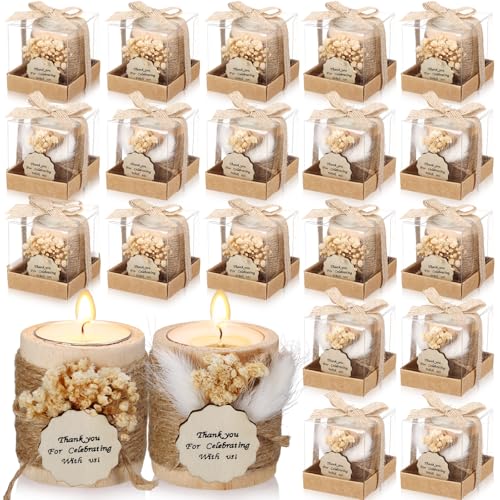 MTLEE 20 Sets Baptism Candle Favors for Guests Wooden Candle Holders with Tealight Candles Tags and Gift Boxes for Baptism Wedding Party Baby Shower Souvenirs(Beige Thank You)