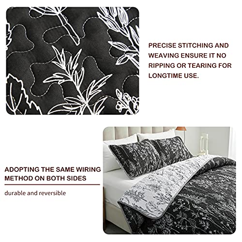 Joyreap 3 Pieces Quilt Set Full/Queen, Black N White Reversible Botanical Design, Smooth Soft Microfiber Quilt, Bedspread Bed Cover For All Season, 1 Quilt And 2 Pillow Shams- 90X90 Inches #TOP3