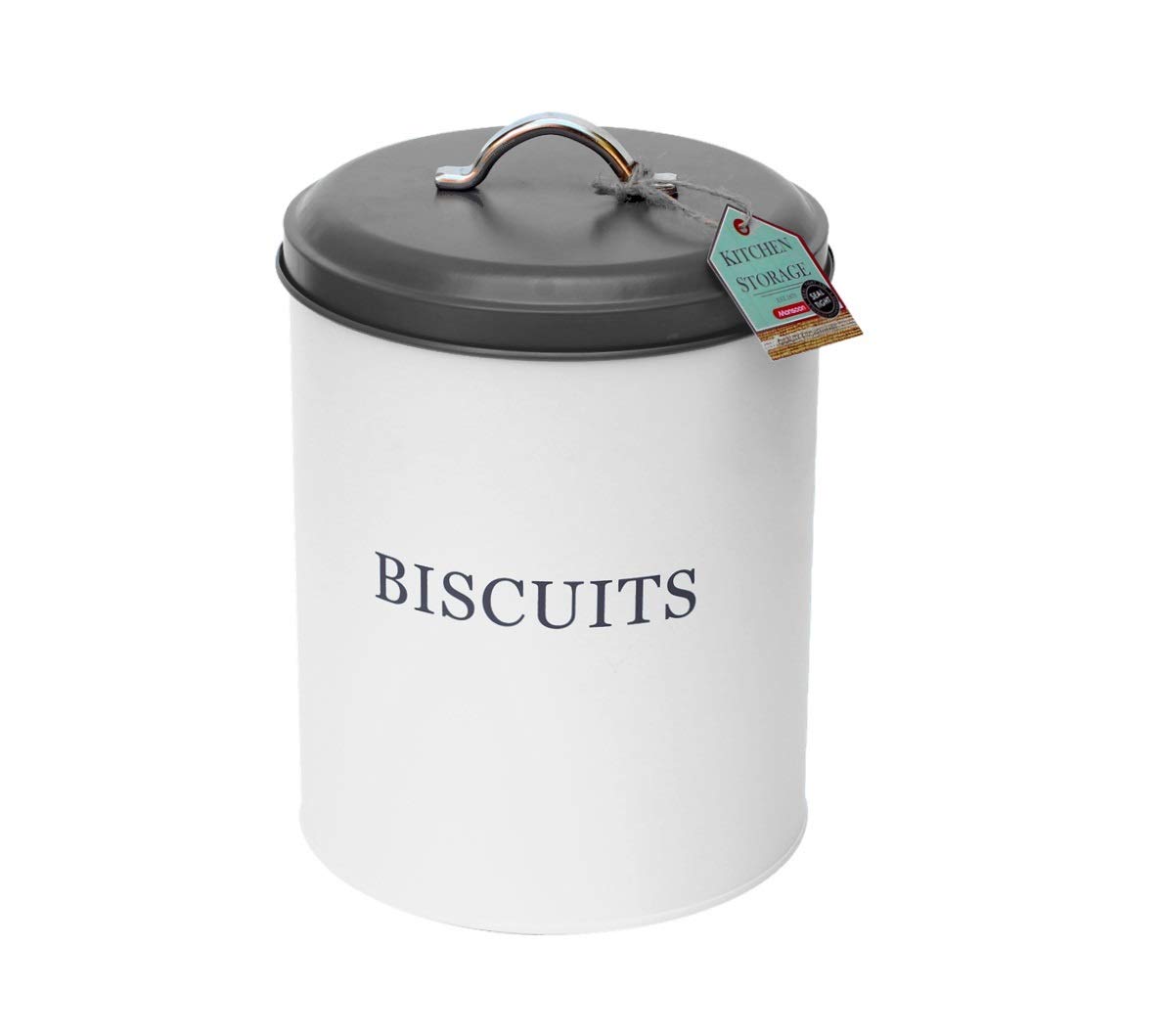 Monsoon Grey Biscuit Tin White & Airtight Round Cookie Canister Jar Vintage Barrel Airtight Storage Round Metal Caddy Individual Jar Kitchen Container Tin Vintage (Biscuit)