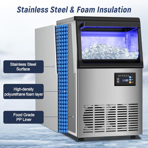 Image of 100LBS /24H Commercial Spray Ice Maker, 25LBS Storage Bin, Stainless Steel Ice Machine with Automatic Cleaning, Freestanding Undercounter Ice Maker for Restaurant Bar Home