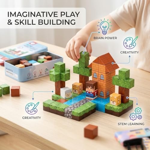 Image of Happy Hues 38Pcs Mini Magnetic Blocks Travel Set - Pixelated Building Cube Magnets with Storage Tin - STEM Educational Toy, Screen-Free Road Trip Travel Toy for Kids Boys Girls Ages 3+