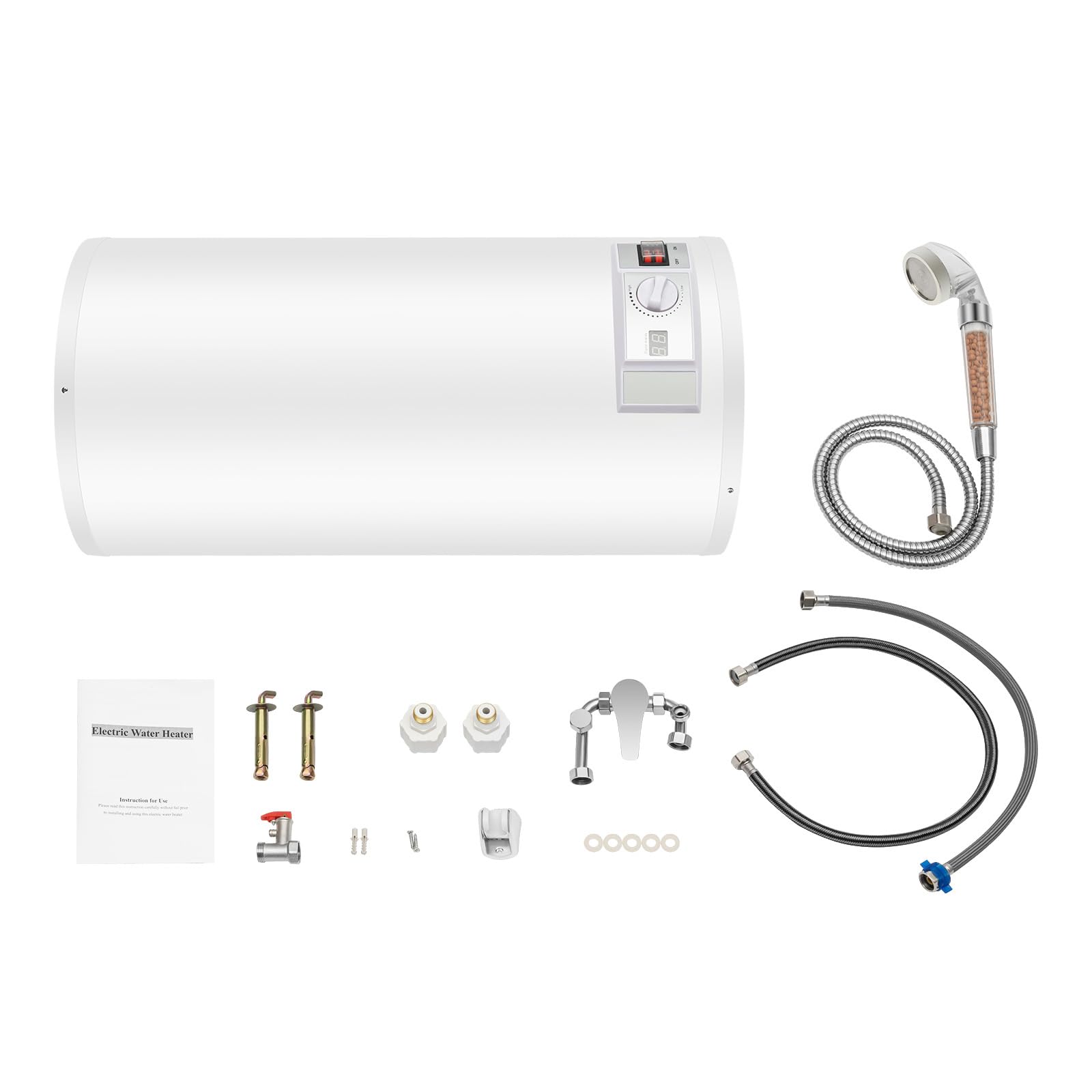 80L Warmwasserspeicher 2000W mit Handbrause, Temperatur regelbar 77-167°F und verdickter Isolierung, Elektro Warmwasserspeicher mit LED-Display und komplettem Zubehör für Bad und Dusche