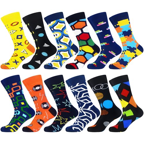 WeciBor 12 pares de calcetines de algodón para hombre, multicolor, divertidos, novedosos, divertidos y divertidos con diseño, Negro/Azul/Naranja/Amarillo/Multicolor Geométrico-12M, 47-50