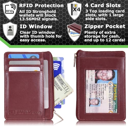 Image of ID STRONGHOLD RFID Front Pocket Wallet Mini Minimalist Wallet Slim Wallet Genuine Leather with Zipper , Red , Small
