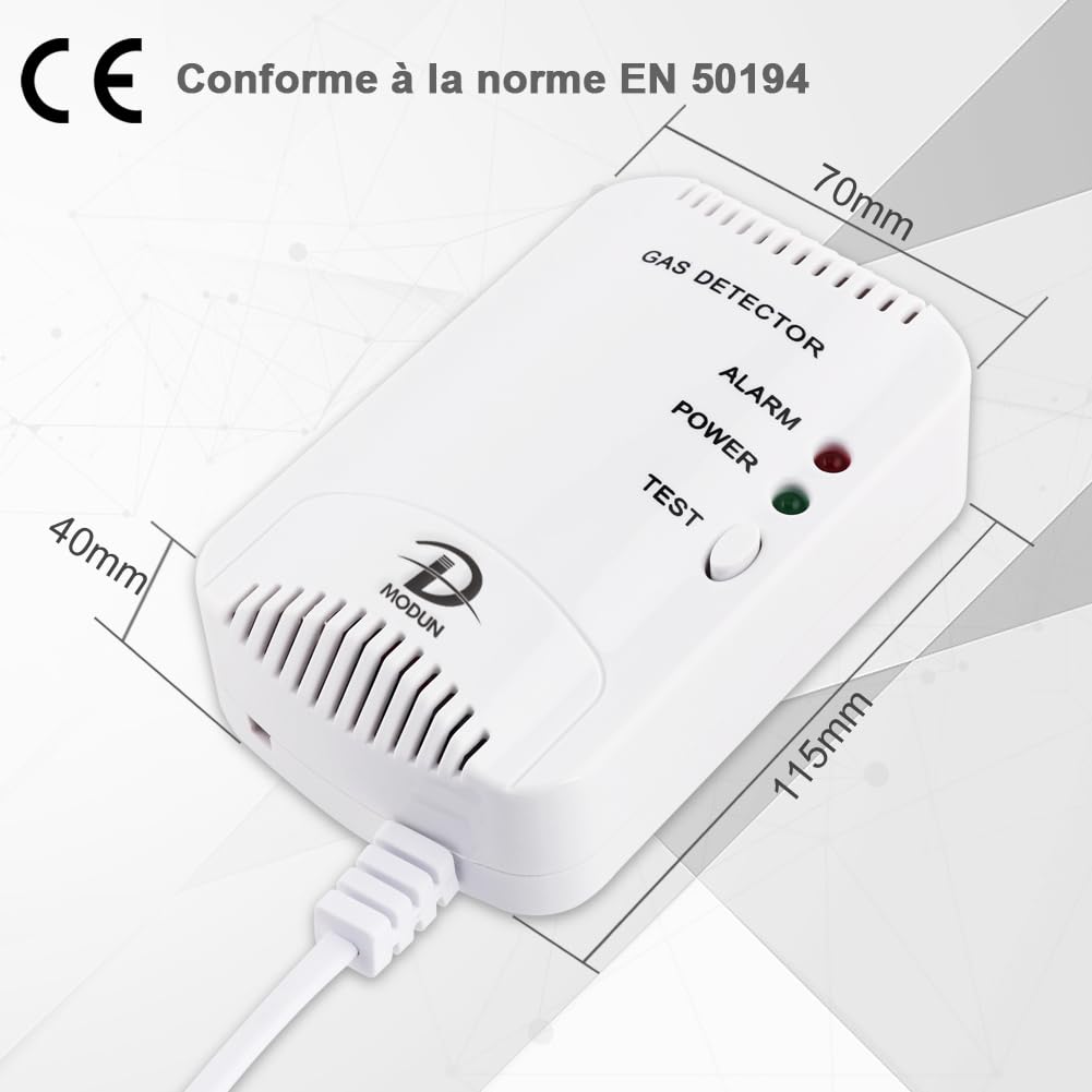 D MODUN Détecteur de Gaz, Fuite de gaz Gaz Naturel/GPL/Charbon, Moniteur de gaz Méthane Propane Butane, 100dB Avertissement de Lumière Stroboscopique, Alarme de gaz enfichable Convient pour la cuisine