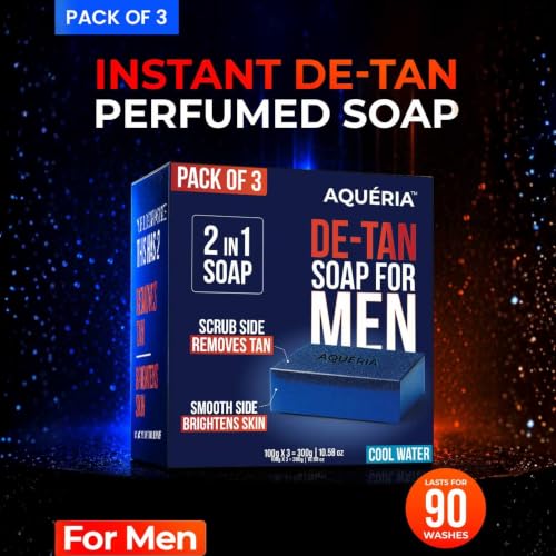 Image of Aqueria De-Tan & Brightening 2-in-1 Bath Soap for Men | Cool Water Perfume | Scrub Side for Tan Removal & Gentle Exfoliation | Smooth Side for Skin Brightening & Hydration | Deep Cleansing Face & Body Soap For Fresh, Healthy-Looking Skin | 300g (Pack of 3) | Suitable For Daily Use - Lasts Upto 90 Washes.