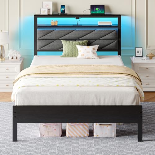 Image of Seventable Twin Bed Frame with Charging Station & LED Lights, Upholstered Headboard with 2-Tier Storage Shelves, Metal Platform with Under Bed Storage, No Box Spring Needed, Easy Assembly, Dark Grey
