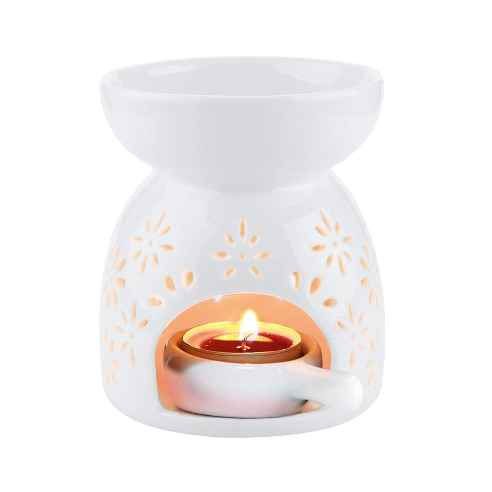 YQbest Wax Melt Essential Oil Burner White - Flower Pattern, Ceramic Aroma Burners Assorted Wax Warmer Aromatherapy Tarts Holder Candle Scented Diffuser Home Bedroom Decor Christmas Housewarming Gift