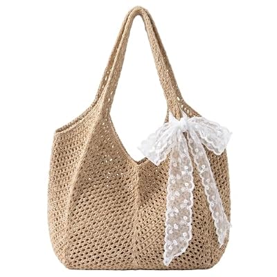 Vervevum Borsa da spiaggia all'uncinetto, borsa tote dolce con fiocco in pizzo per donna, a tracolla tessuta per uso quotidiano, marrone, tote per donna