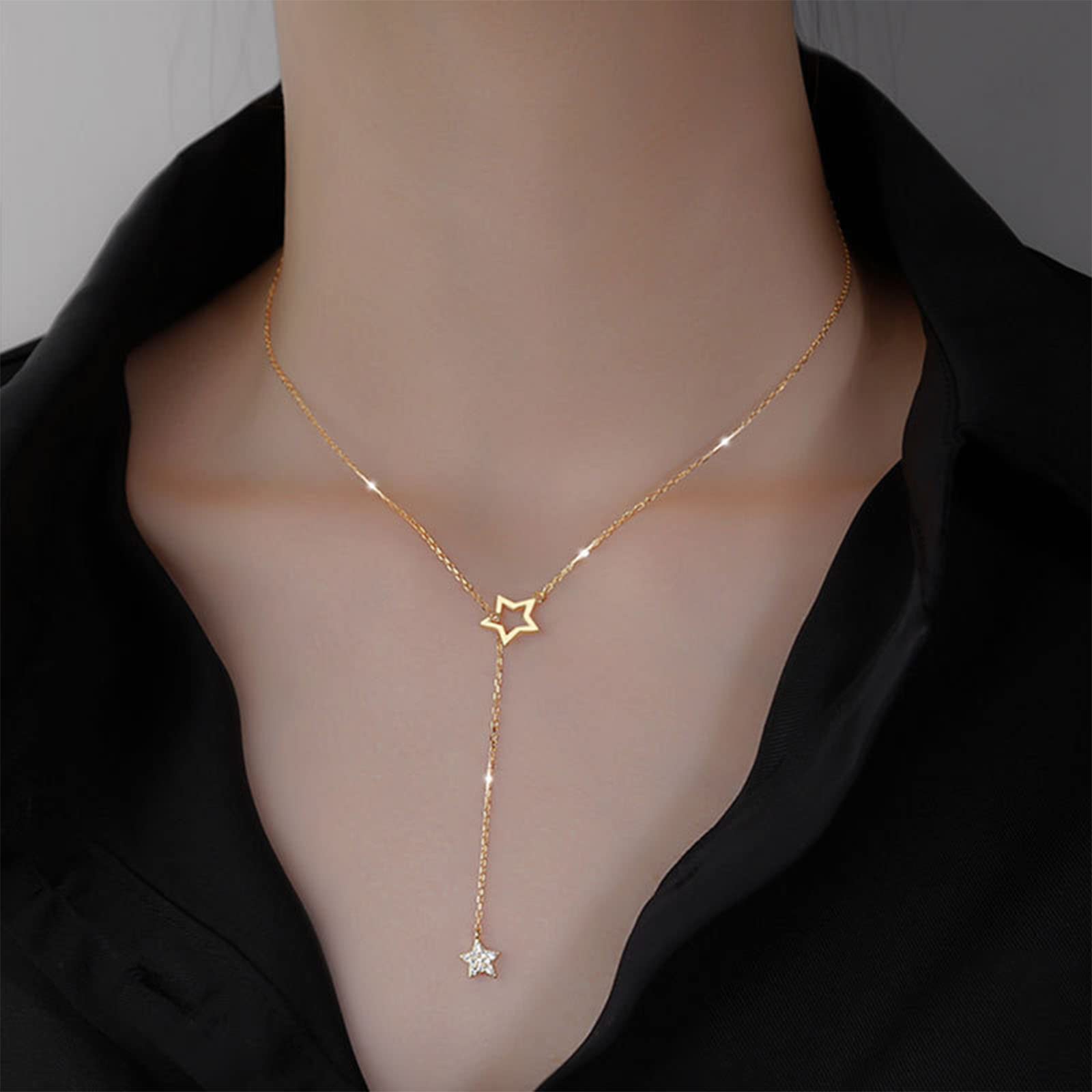 Collana Girocollo Boho Con Stelle In Zirconia Cubica E Doppia Catena A Maglie - Argento, Gioiello Minimal Per Donna E Ragazza - 3
