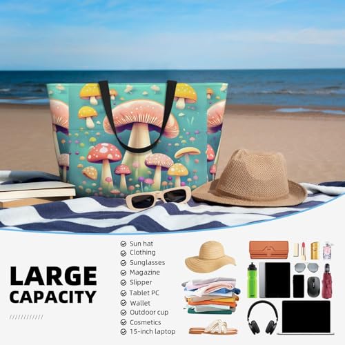 Pretty little mushrooms Printed beach travel bag, perfect for shopping bags, swimming pools, gyms, travel shopping, large capacity beach bag with zipper,4